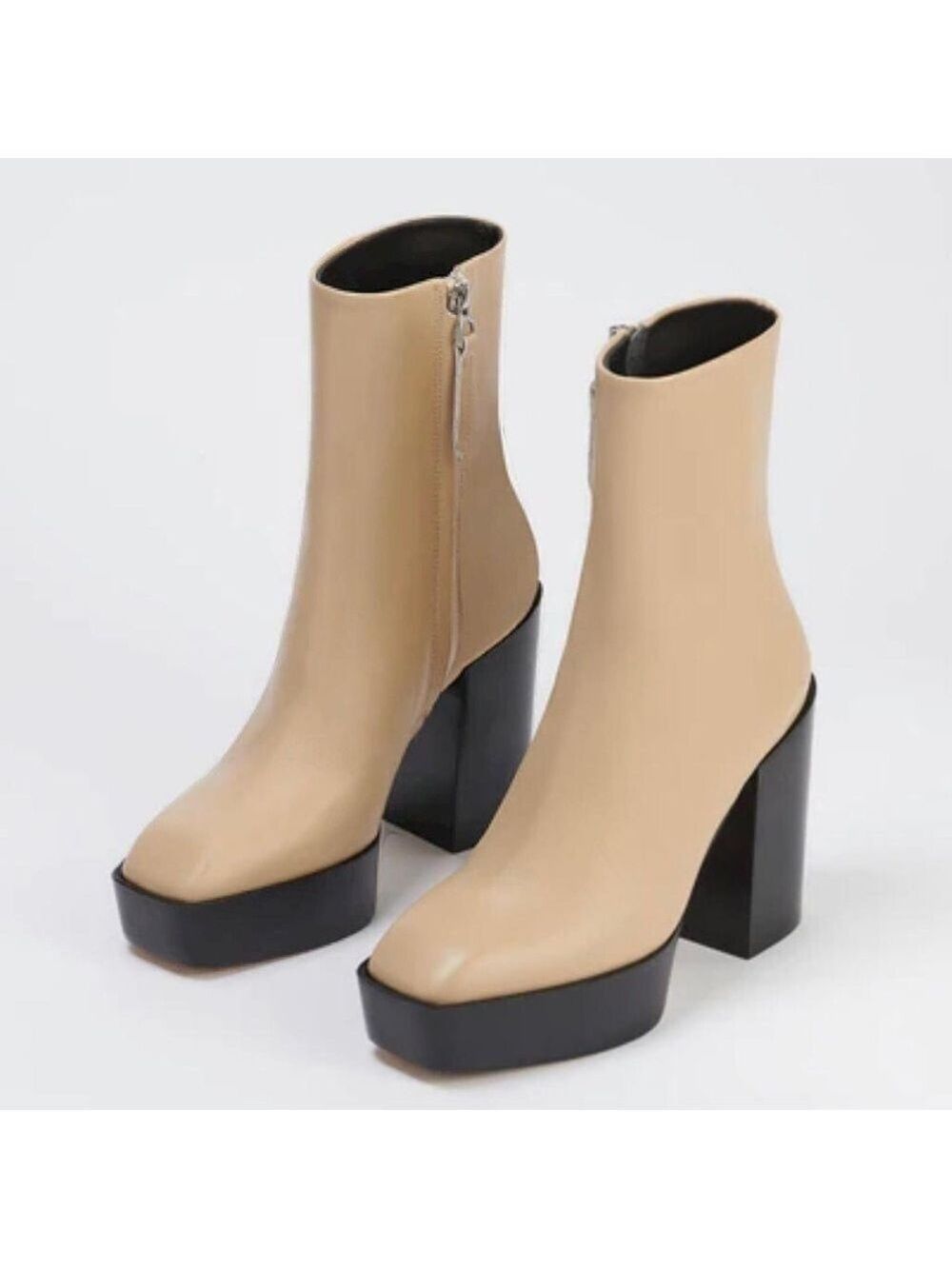 Aeyde Berlin Square Toe High Heel Leather Platform Booties in Latte - NWT